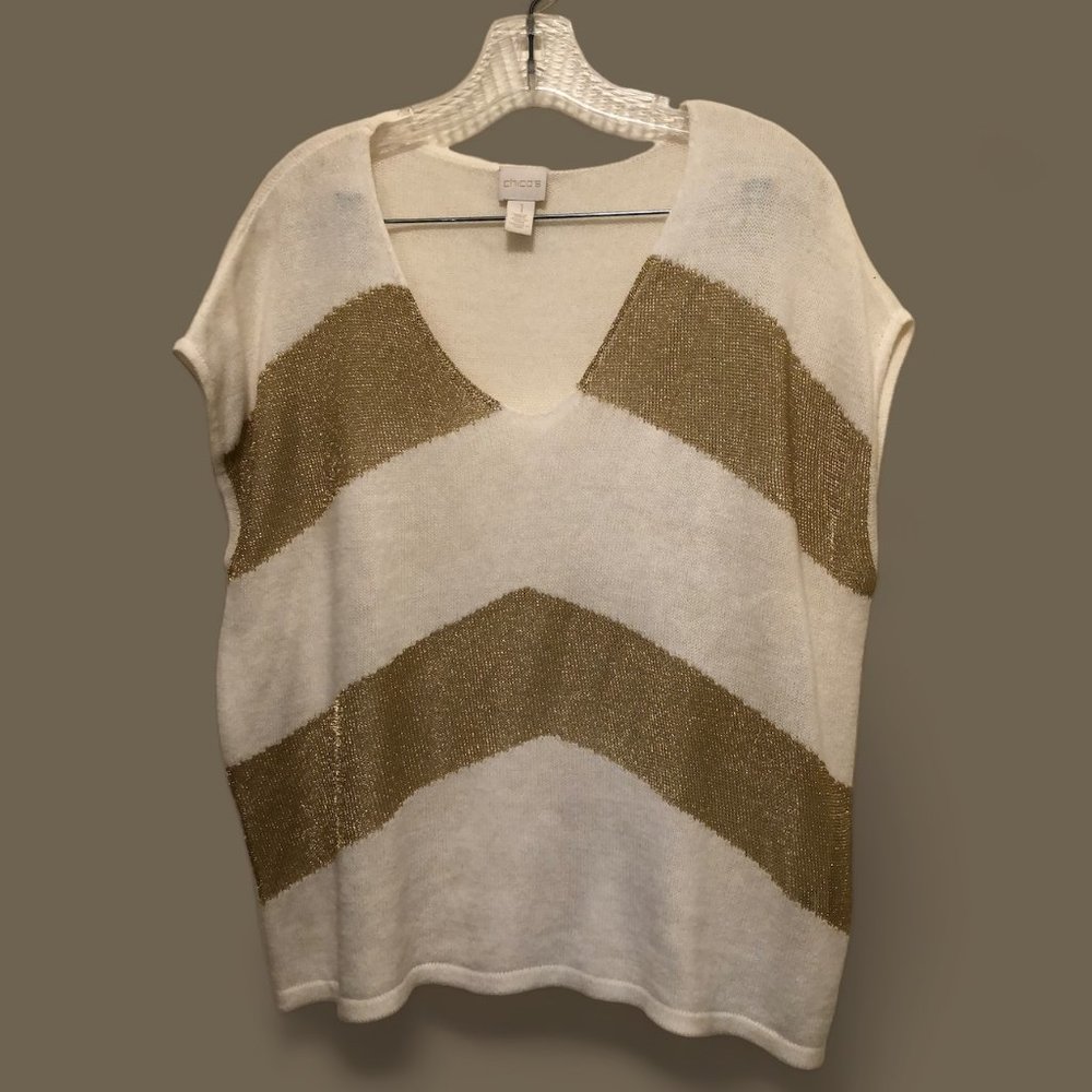 Chico's Cream/Gold Striped V- Neck Dolman Sleeve Muscle Tee Women's Size M/8